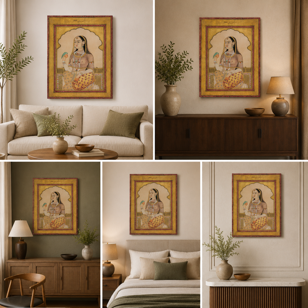 Mughal Princess Miniature Canvas Wall Art | Royal Portrait Painting with Parrot | Vintage Indian Heritage Decor
