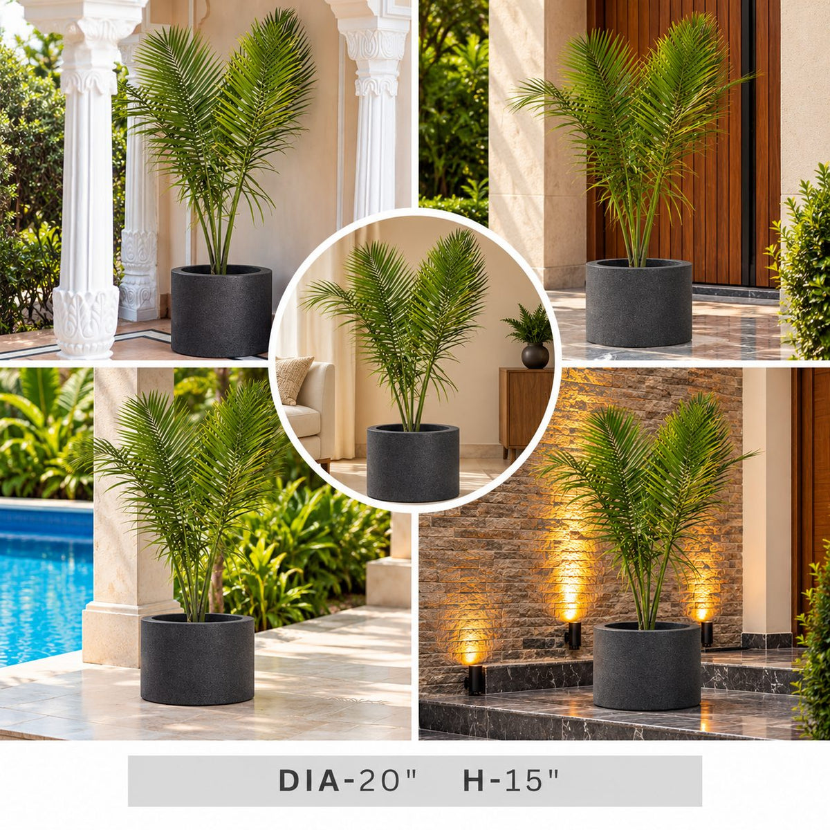Large Charcoal Grey Round Planter Pot, 20 Inch Modern Cylindrical Decorative Plant Pot