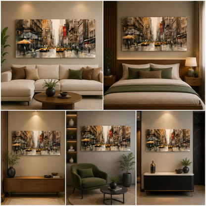 Modern City Street Canvas Wall Art with Yellow Taxi Urban Painting