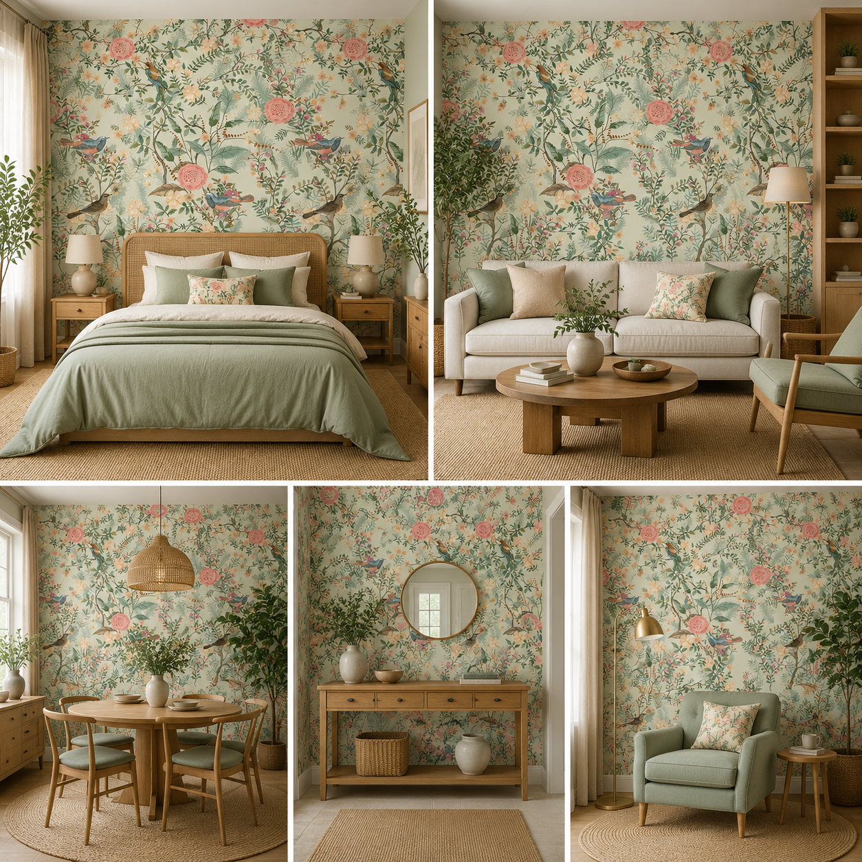 Birds on Floral Tree Artful Wallpaper for Living Room
