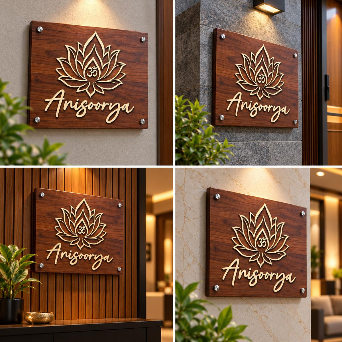 Custom Wooden Hindu House Name Plate with 3D Lotus Om Symbol and Gold Script Lettering