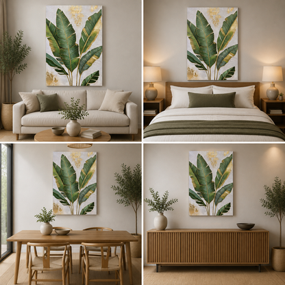 Green tropical banana-leaf canvas artwork with gold accents shown above a sofa, bed, dining table and wooden sideboard.