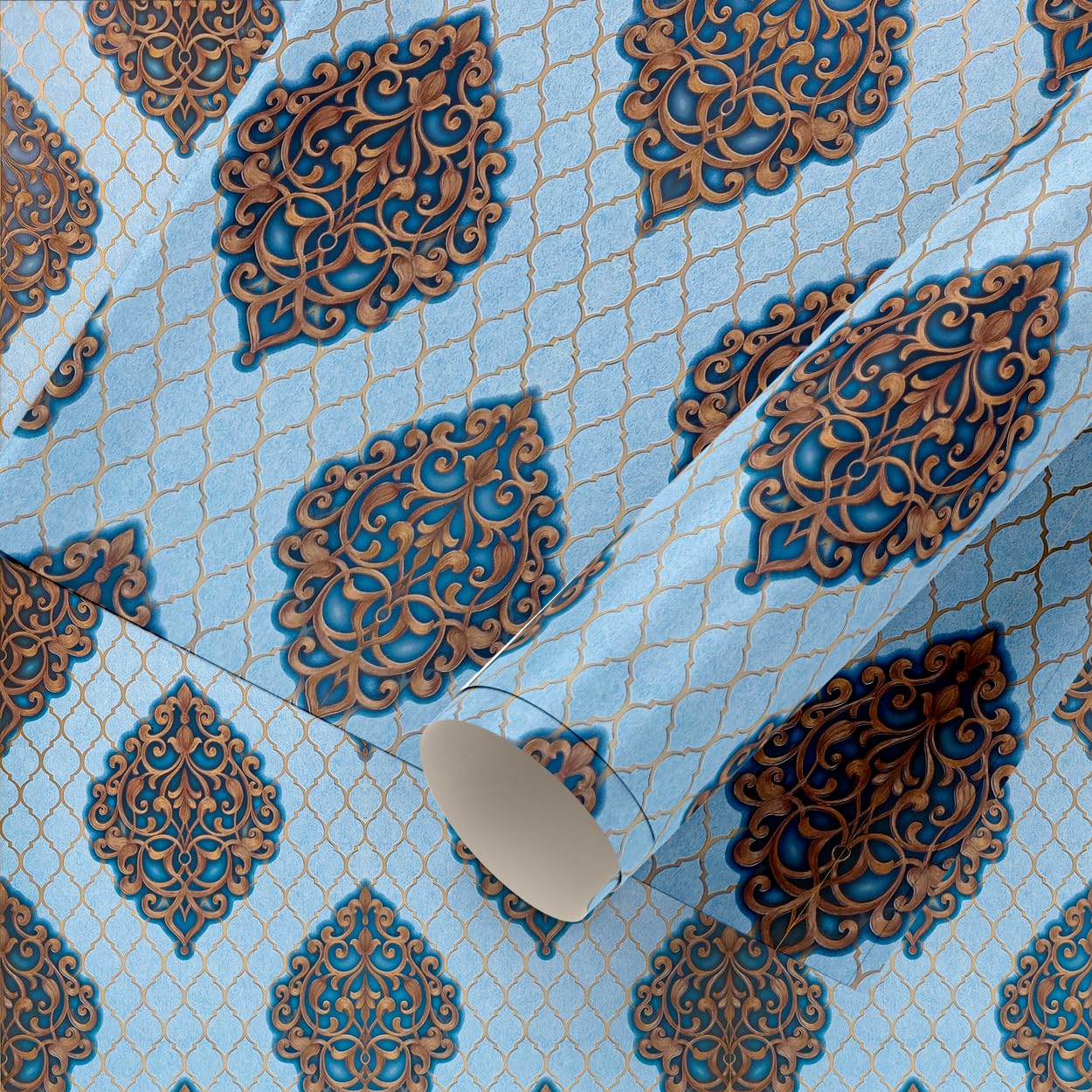 Wall Paper for Wall Decor, Non Adhesive Wallpaper for Walls Living Room, Bedroom (53 x 1000 cm, Roll 57sqft, Ocean Blue Damask Design)