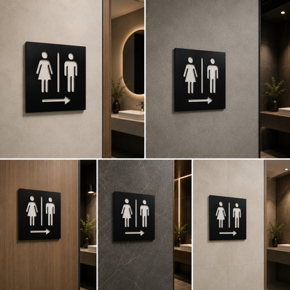 Black Restroom Direction Sign Board with Right Arrow | Male Female Washroom Signage for Offices & Commercial Spaces