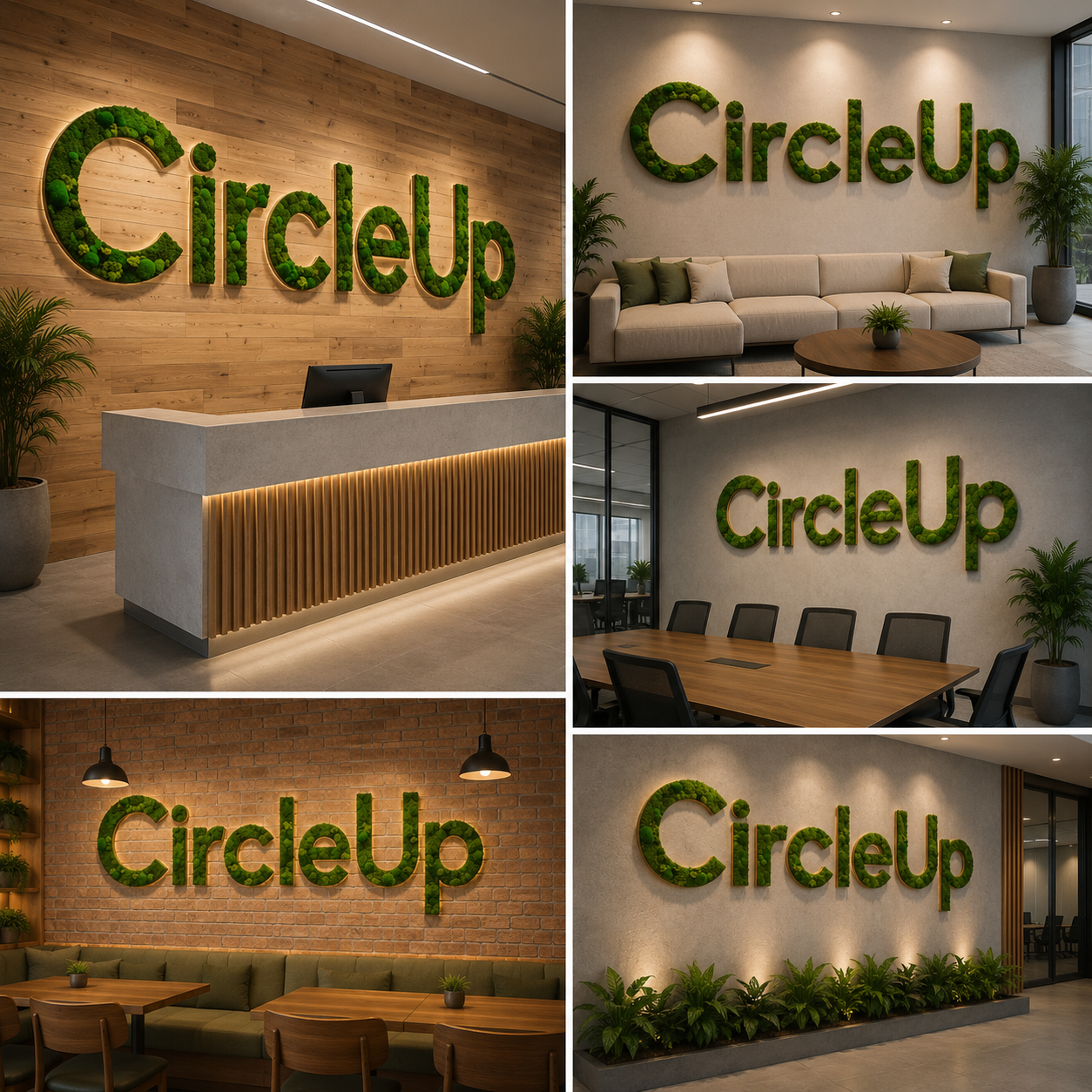 Artificial Moss CircleUp Wall Sign with LED Backlit Green Letter Signage for Office Branding and Reception Decor
