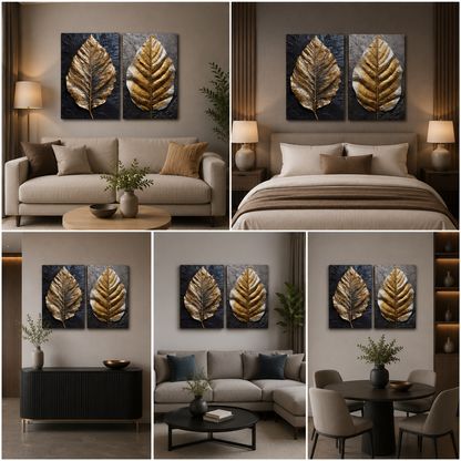 Abstract Gold Leaf Canvas Painting Wall Art – Large Size Frame for Living Room (18 x 24 Inches Each Part)