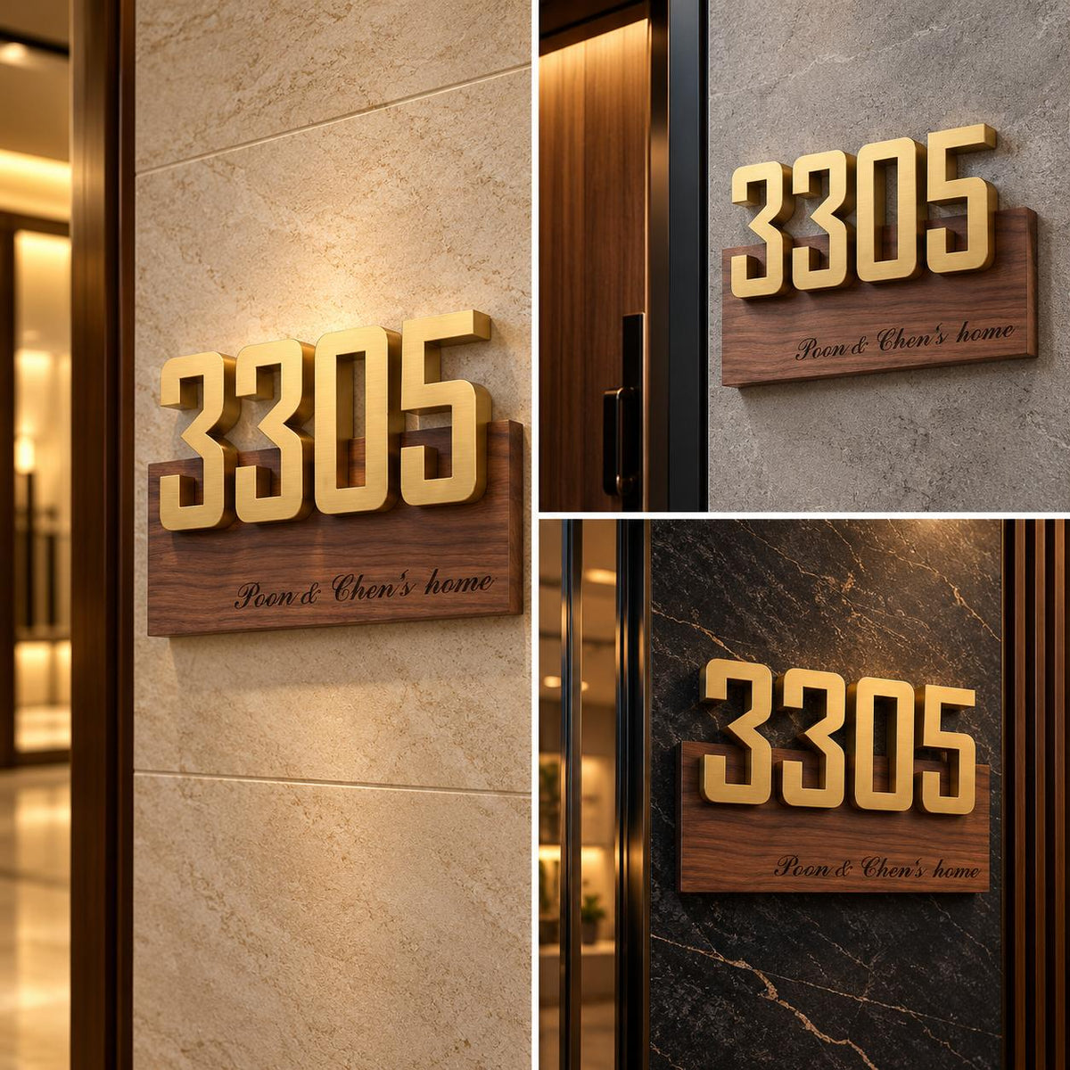 Custom 3D Gold House Number Plate with Wooden Base, Personalised Luxury Address Sign