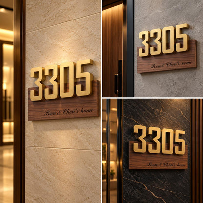 Custom 3D Gold House Number Plate with Wooden Base, Personalised Luxury Address Sign