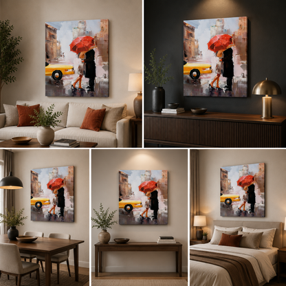 Romantic Red Umbrella Couple Canvas Wall Painting | Vertical Modern Wall Art