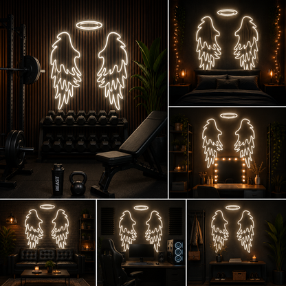 White Angel Wings with Halo Custom Neon Sign Board | Photo Booth Neon Light | Custom Neon Light | Neon Sign Board Customised (48 By 48 Inches)