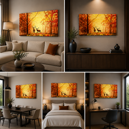 Deer in Autumn Forest Wall Painting Frame for Living Room Decor