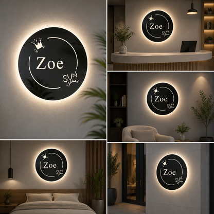 LED Circular Acrylic Name Logo Sign Backlit Halo Round Wall Sign with Custom Text for Salon Boutique and Home Decor
