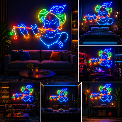 Lord Krishna Neon Sign Board – Radha Krishna Custom Neon Light Wall Decor (30 By 20 Inches)