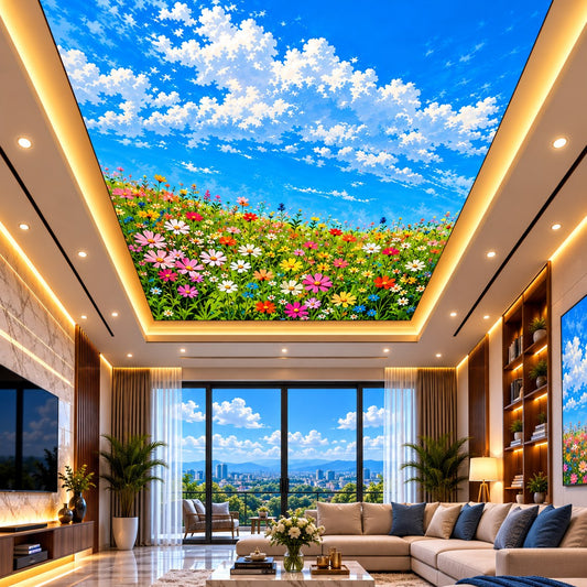 3D Floral Sky Ceiling Design with Colorful Flowers & Blue Sky for Home & Office