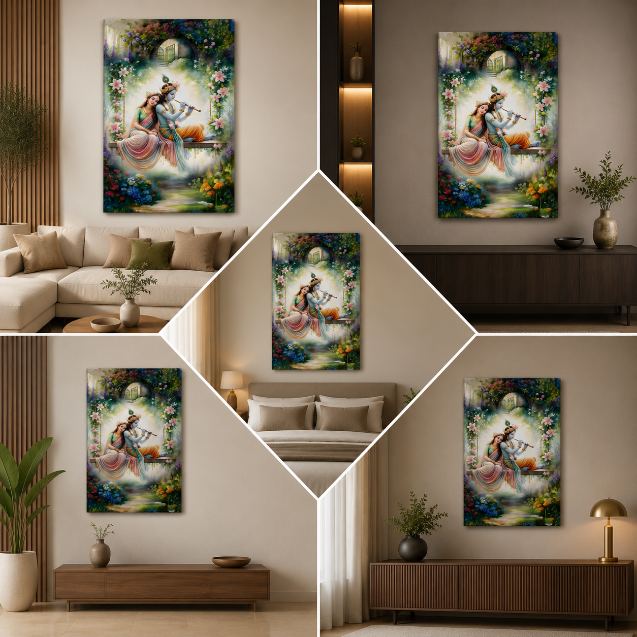 Radha Krishna Garden Canvas Painting Frame | Divine Love Wall Art for Living Room Decor