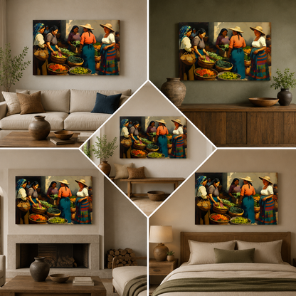 Traditional Market Scene Wall Painting | Cultural Canvas Art for Living Room Decor