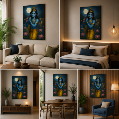 Bal Krishna Moonlight Canvas Painting Frame Spiritual Wall Decor for Living Room