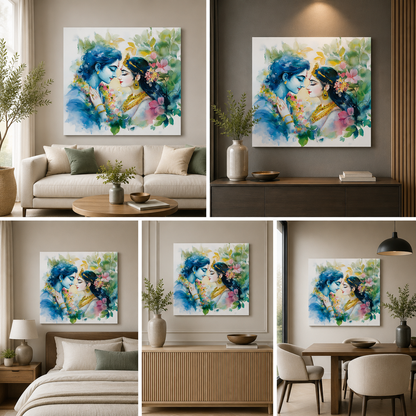 Radha Krishna Watercolor Floral Canvas Painting Frame Wall Art for Living Room Decor