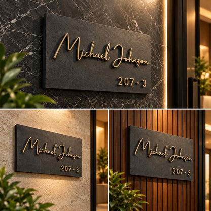 Custom Black Nameplate with Gold 3D Script Lettering and Personalized House Number