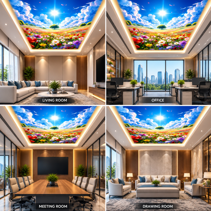3D Flower Valley Sky Ceiling Design with Sun, Clouds & Colorful Meadow for Modern Interiors