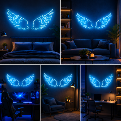 Angel Wings Neon Sign Board | Blue LED Custom Neon Light Wings Sign for Bedroom, Cafe & Aesthetic Wall Decor (40x40 In)