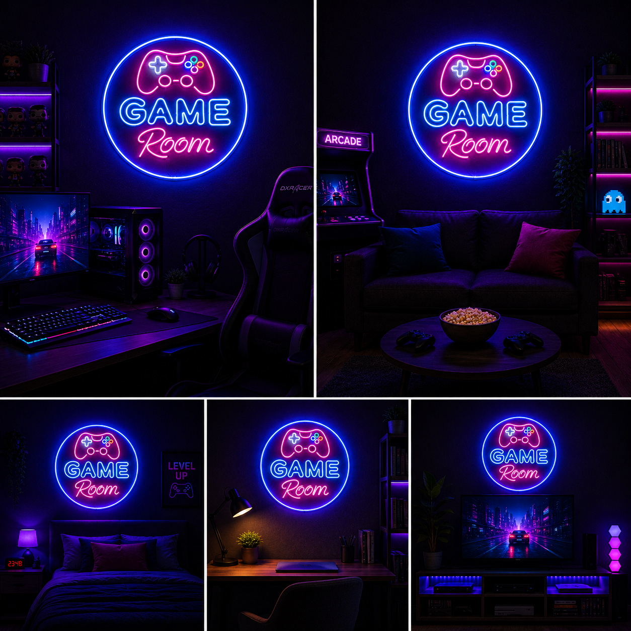 Round Game Room Neon Sign Board | Neon Light Name Plate | Neon Name Light Customized (20 By 20 Inches)