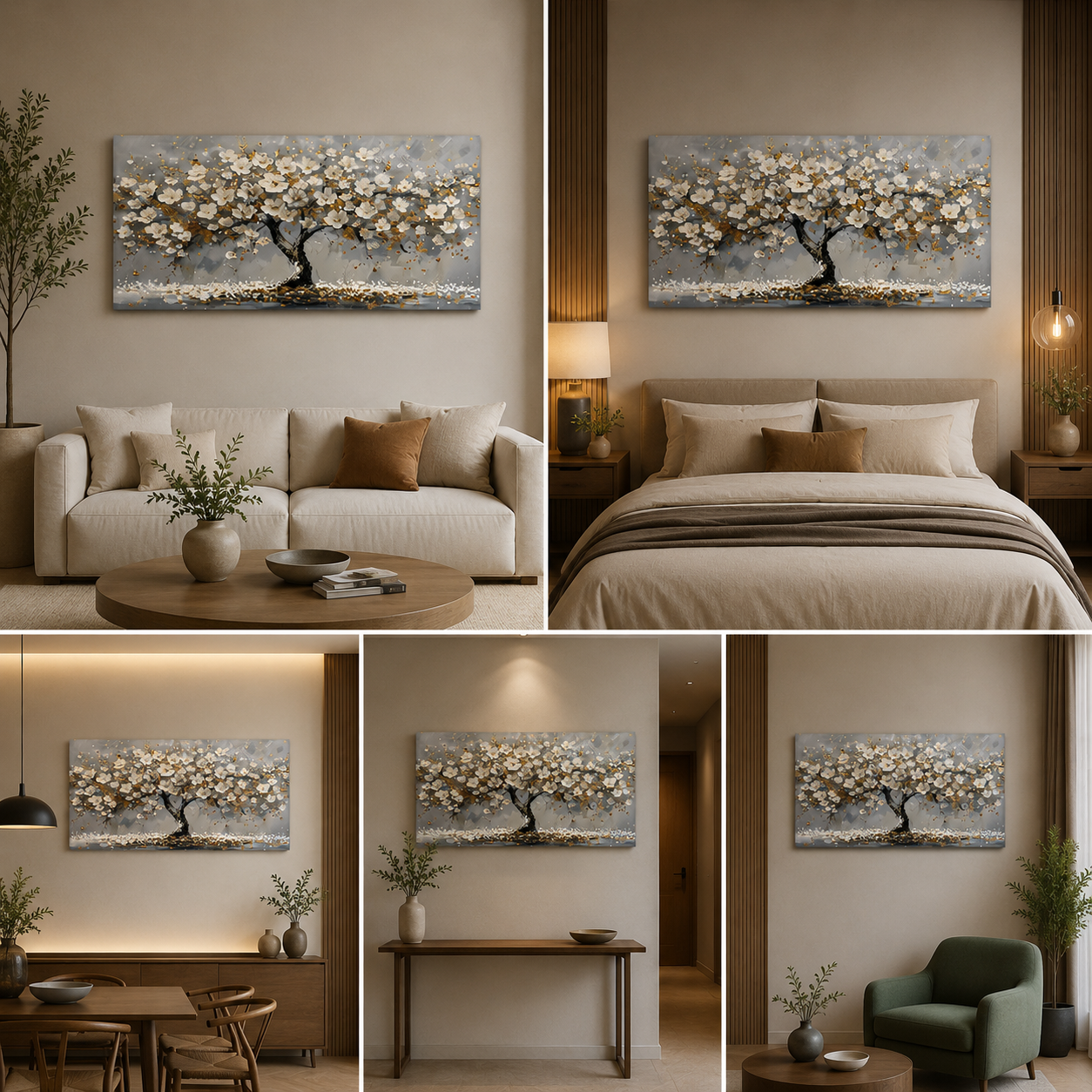 Golden Blossom Tree Canvas Painting Frame Wall Art Decor | Large Modern Floral Tree Canvas Painting Frame for Living Room