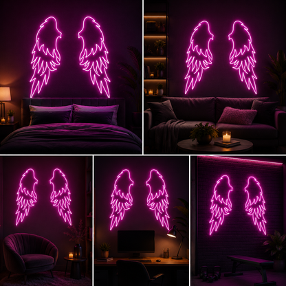 Angel Wings Neon Sign Board | Pink LED Custom Neon Light Wings Sign for Bedroom, Cafe & Aesthetic Wall Decor (40x40 In)
