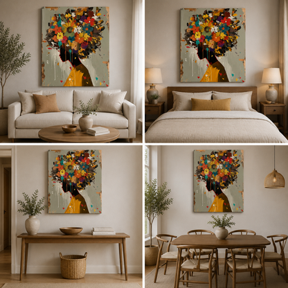 Colourful floral woman silhouette canvas artwork shown above a sofa, bed, wooden console and dining table.