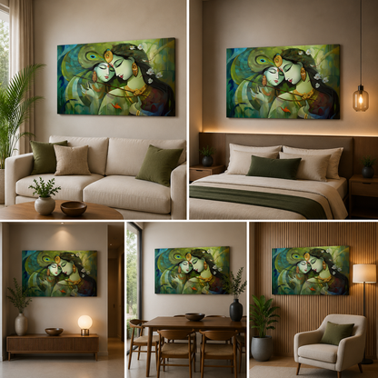 Radha Krishna Abstract Green Canvas Painting Frame Romantic Spiritual Wall Decor for Living Room