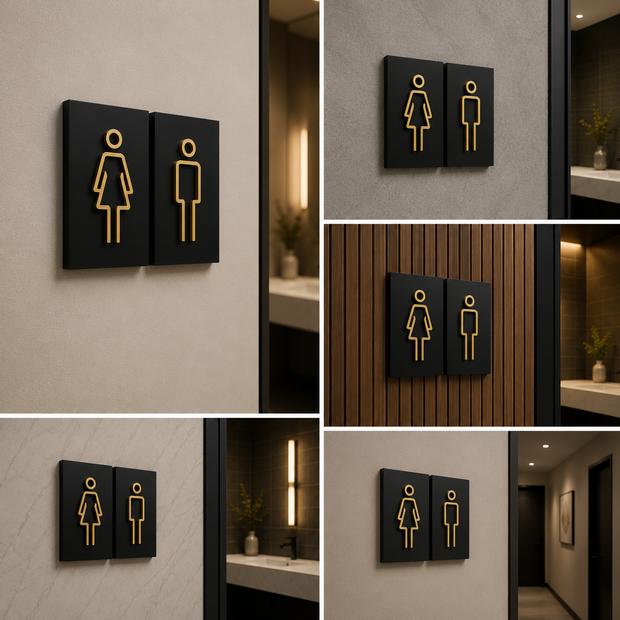 Men Women Restroom Door Signs | Premium Black Gold Toilet Signage Set | Modern Washroom Markers