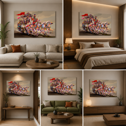Krishna Arjuna Mahabharata Canvas Painting Frame – Bhagavad Gita Chariot Canvas Wall Art Painting Frame for Living Room Spiritual Wall Decor