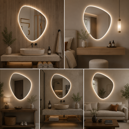 Premium Irregular LED Bathroom Mirror with Warm Backlight | Modern Asymmetrical Vanity Wall Mirror for Home & Hotel