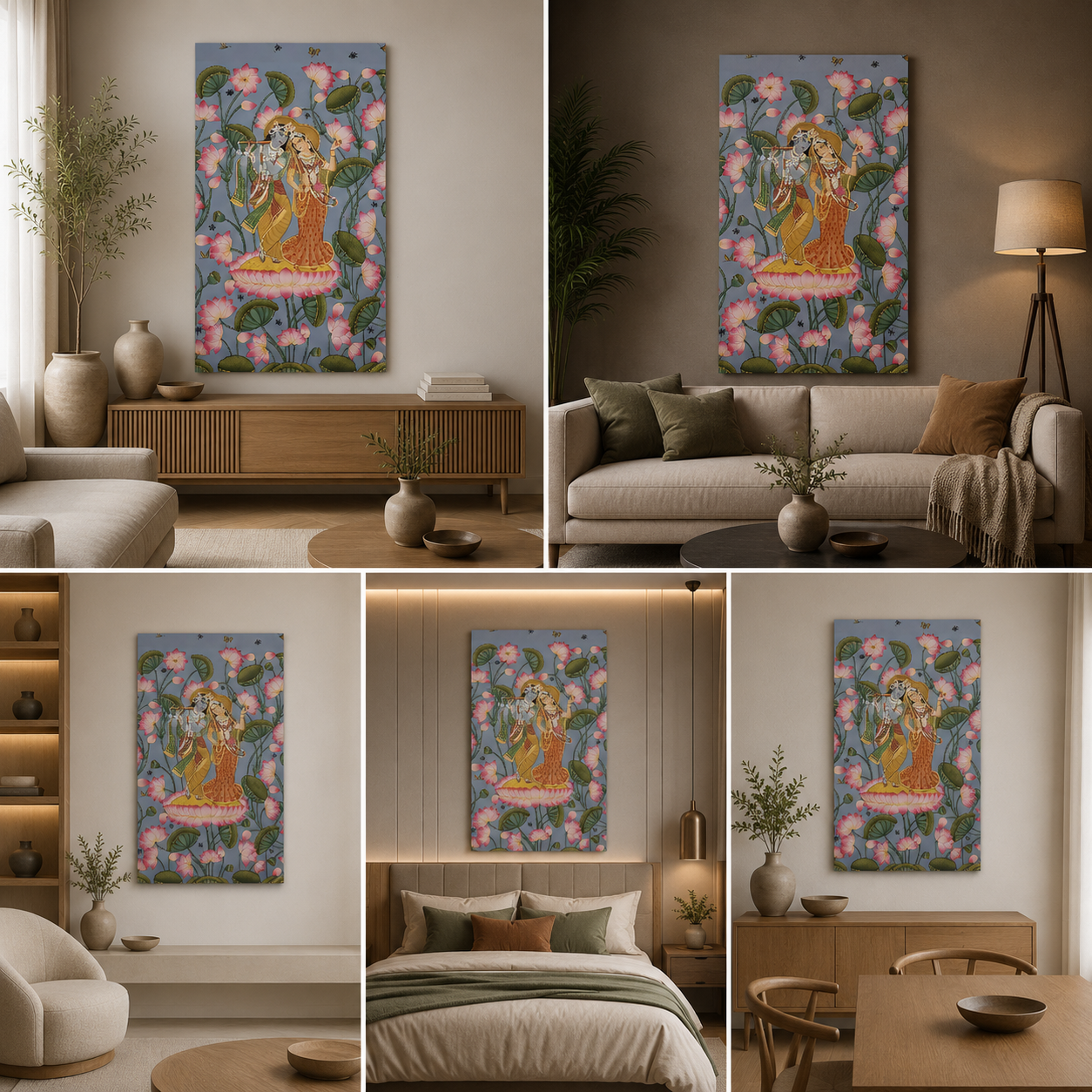 Radha Krishna Lotus Garden Canvas Painting Frame Vertical Wall Decor for Living Room