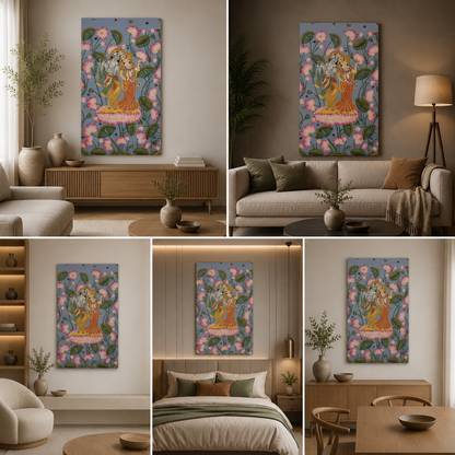 Radha Krishna Lotus Garden Canvas Painting Frame Vertical Wall Decor for Living Room