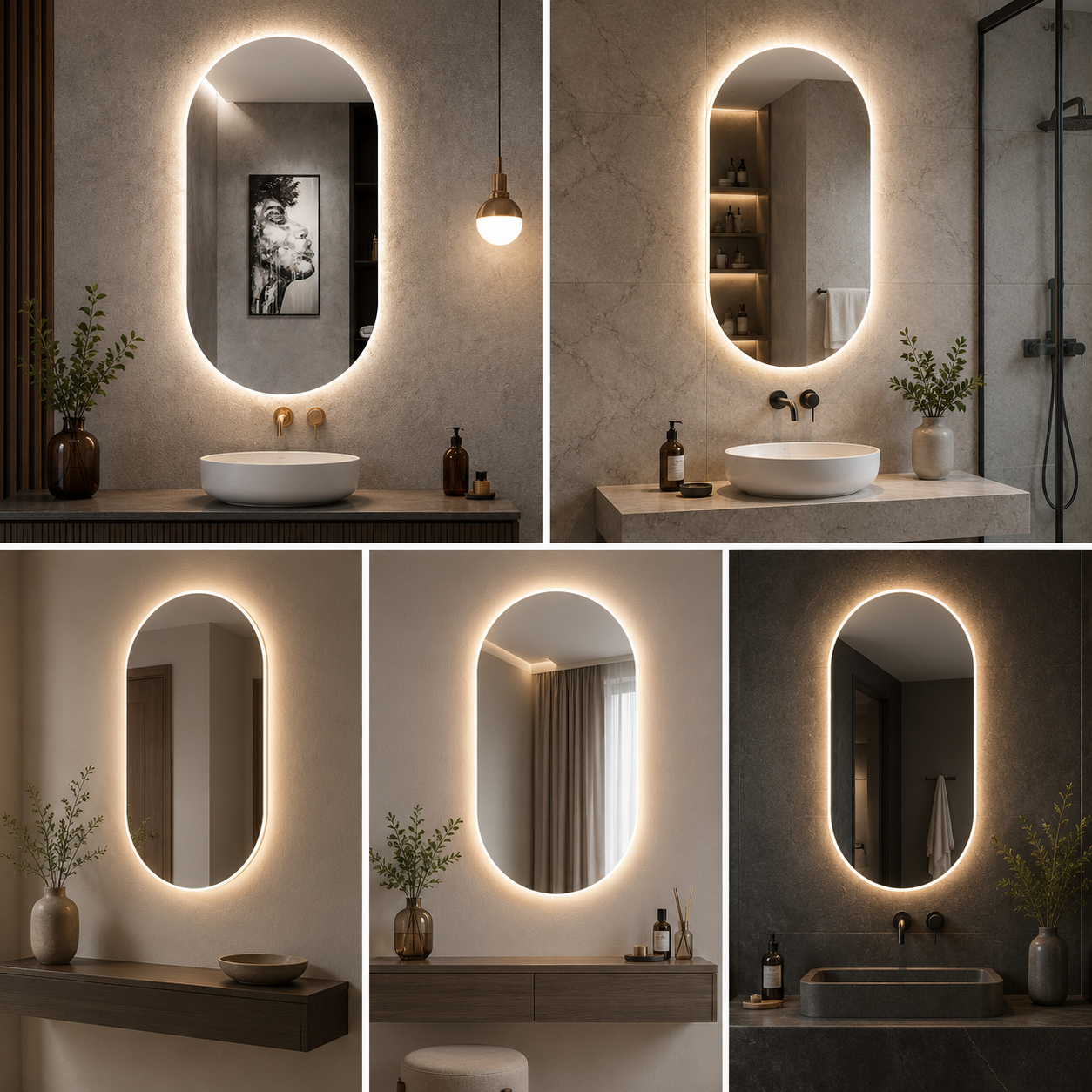 Modern Arch LED Bathroom Mirror with Warm Halo Backlight | Premium Capsule Vanity Wall Mirror for Home & Hotel