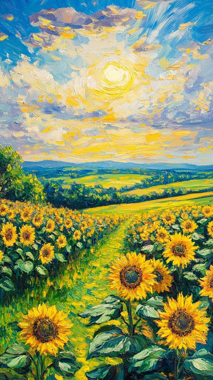 3D Sunflower Meadow Sky Ceiling Design with Golden Sun & Blue Sky for Luxury Interiors