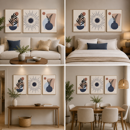 Modern Abstract Boho 3 Panel Canvas Wall Art with Minimalist Botanical and Sun Design
