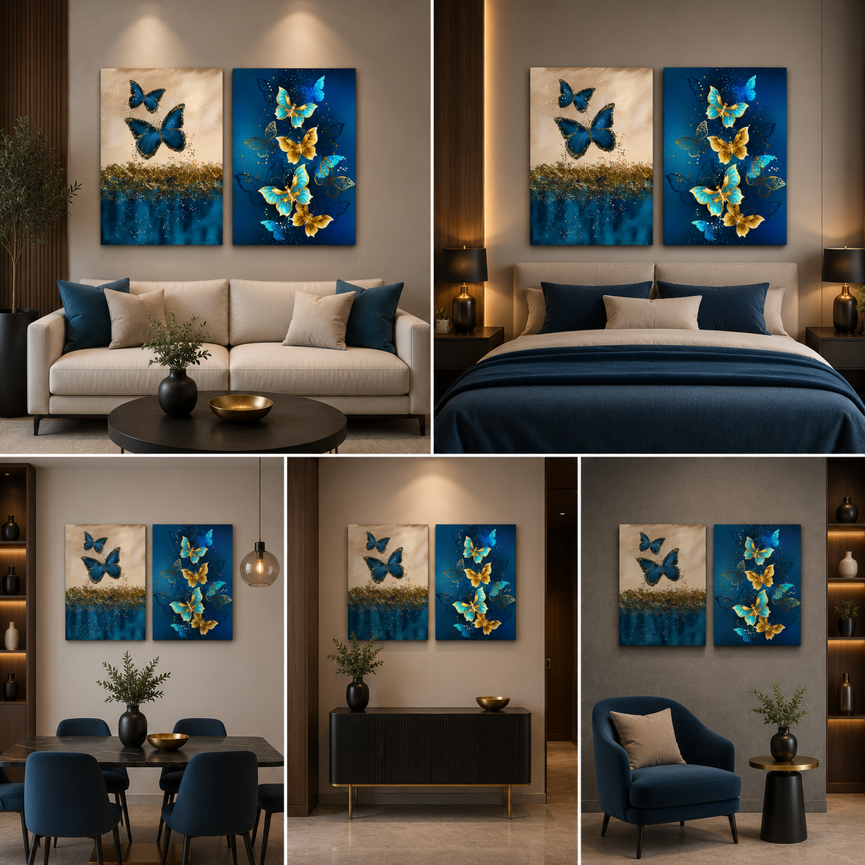 Blue Gold Butterfly Canvas Painting Set of 2 Modern Wall Art (18 x 24 Inches Each Part)