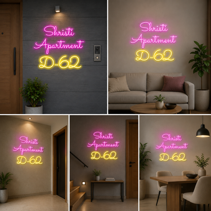 Personalized Pink and Yellow Neon Acrylic Apartment Name Plate with Door Number