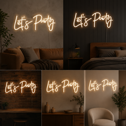 Let’s Party Neon Sign Board | White LED Custom Neon Light Sign for Bar, Party & Aesthetic Wall Decor
