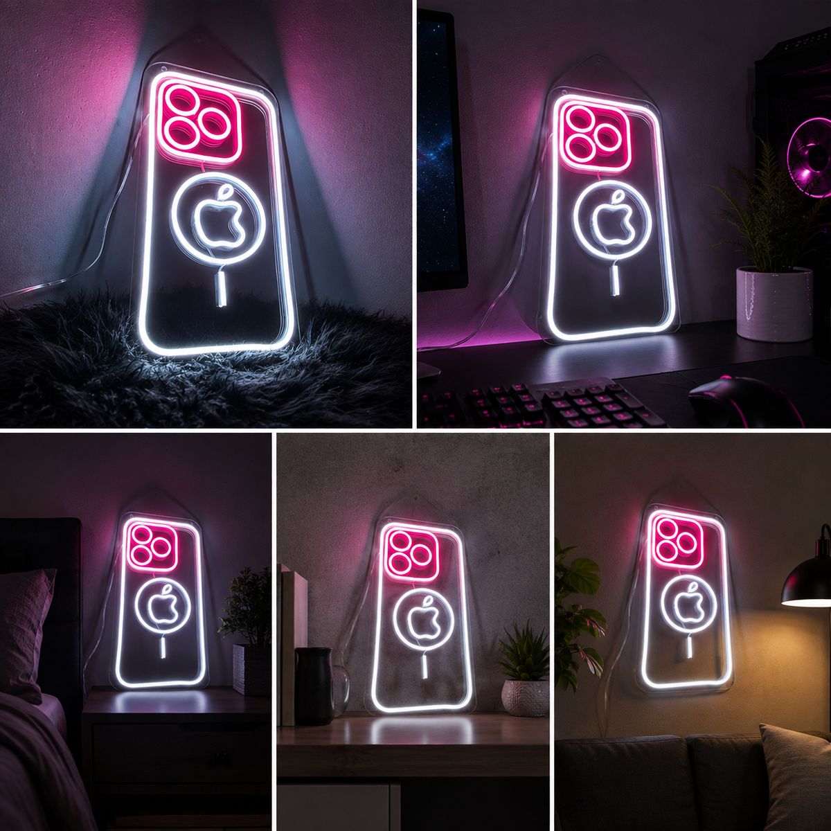 Smartphone Inspired LED Neon Sign with Camera and Apple Style Icon for Wall Decor