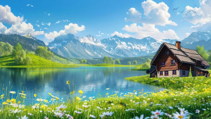 3D Mountain Lake Ceiling Design with Snowy Peaks, Blue Water & Alpine Landscape