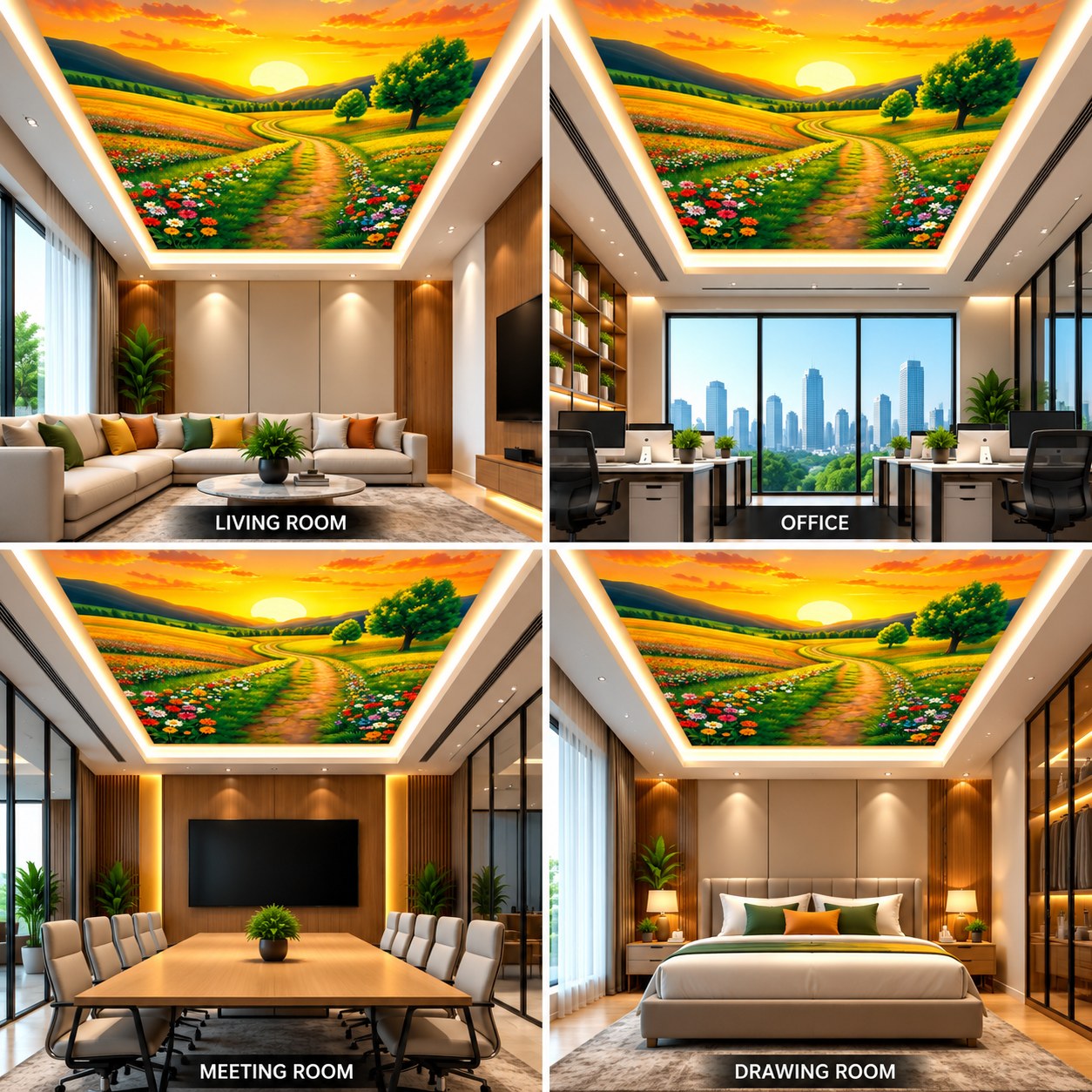 Sunset Meadow Ceiling Panel with Floral Landscape for Luxury Living Room Decor