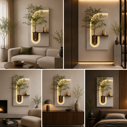 Modern LED Arch Wall Vase Shelf | Backlit Decorative Wall Panel with Glass Flower Holder | Luxury Minimalist Home Decor