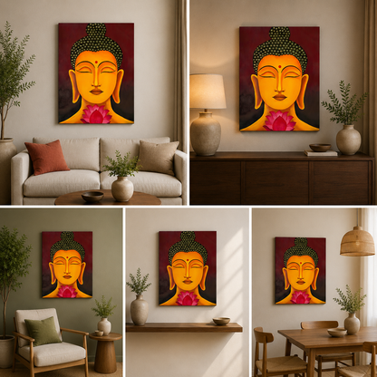 Golden Buddha Face with Lotus Wall Painting | Spiritual Canvas Art for Home Decor