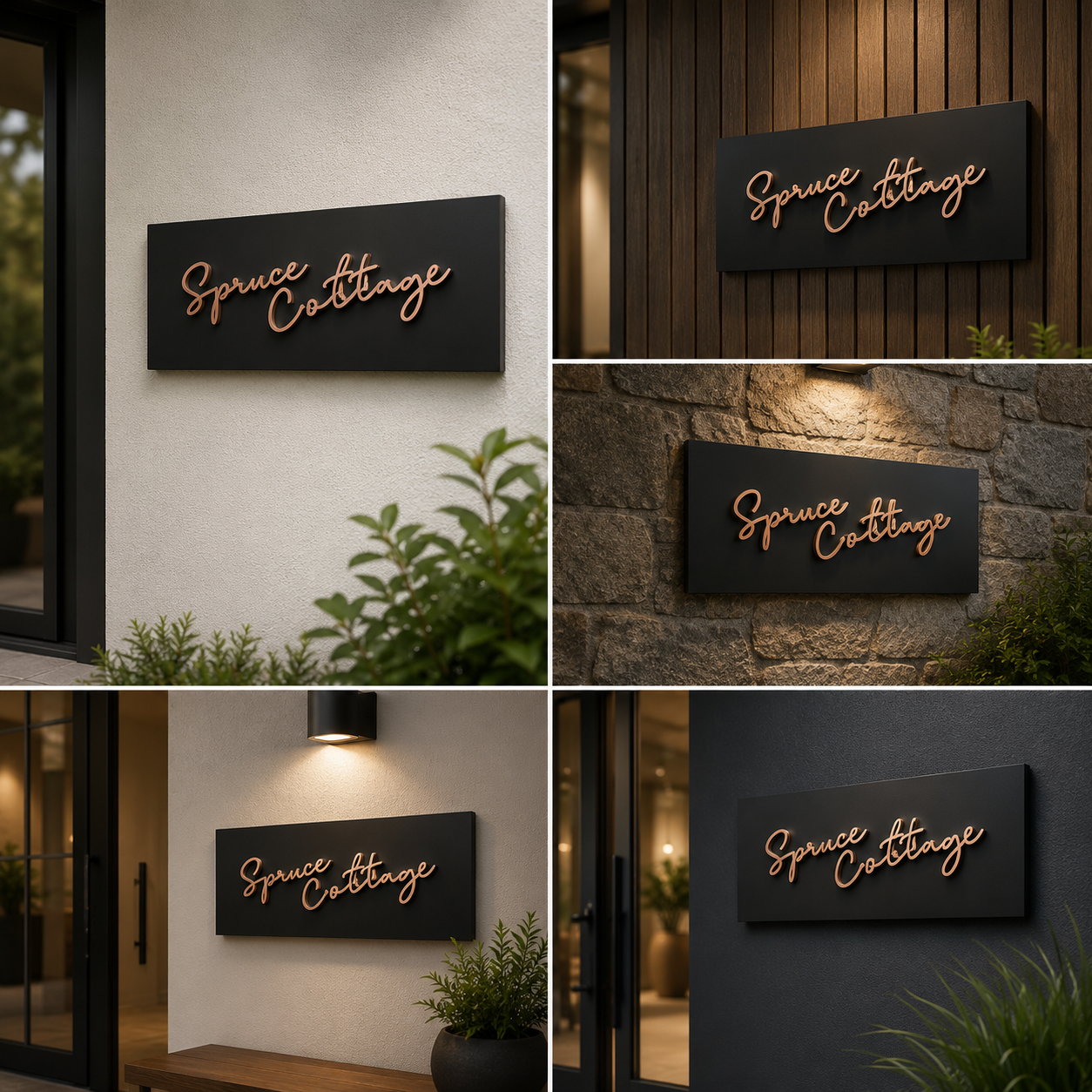 Modern Matte Black Acrylic House Name Plate with Rose Gold 3D Script Letters | Premium Custom Designer Door Name Sign