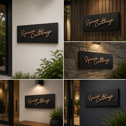 Modern Matte Black Acrylic House Name Plate with Rose Gold 3D Script Letters | Premium Custom Designer Door Name Sign