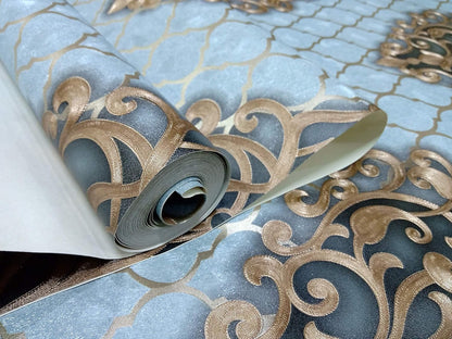 Wall Paper for Wall Decor, Non Adhesive Wallpaper for Walls Living Room, Bedroom (53 x 1000 cm, Roll 57sqft, Ocean Blue Damask Design)