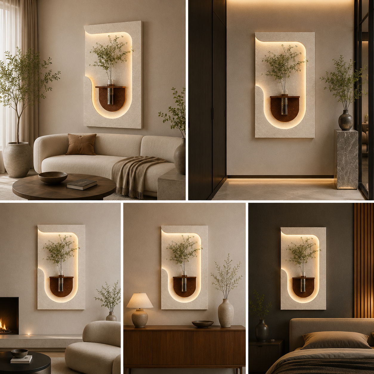 Modern LED Textured Arch Wall Vase Panel with Shelf | Backlit Decorative Wall Art with Glass Flower Holder | Luxury Home Decor